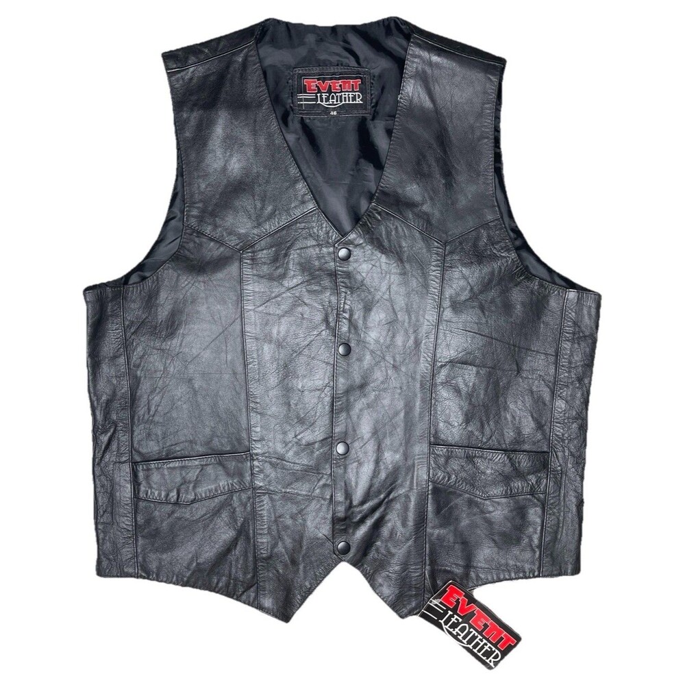 Vtg NWT Event Leather Biker Vest Mens 46 Black Snap Front Motorcycle Pockets NOS